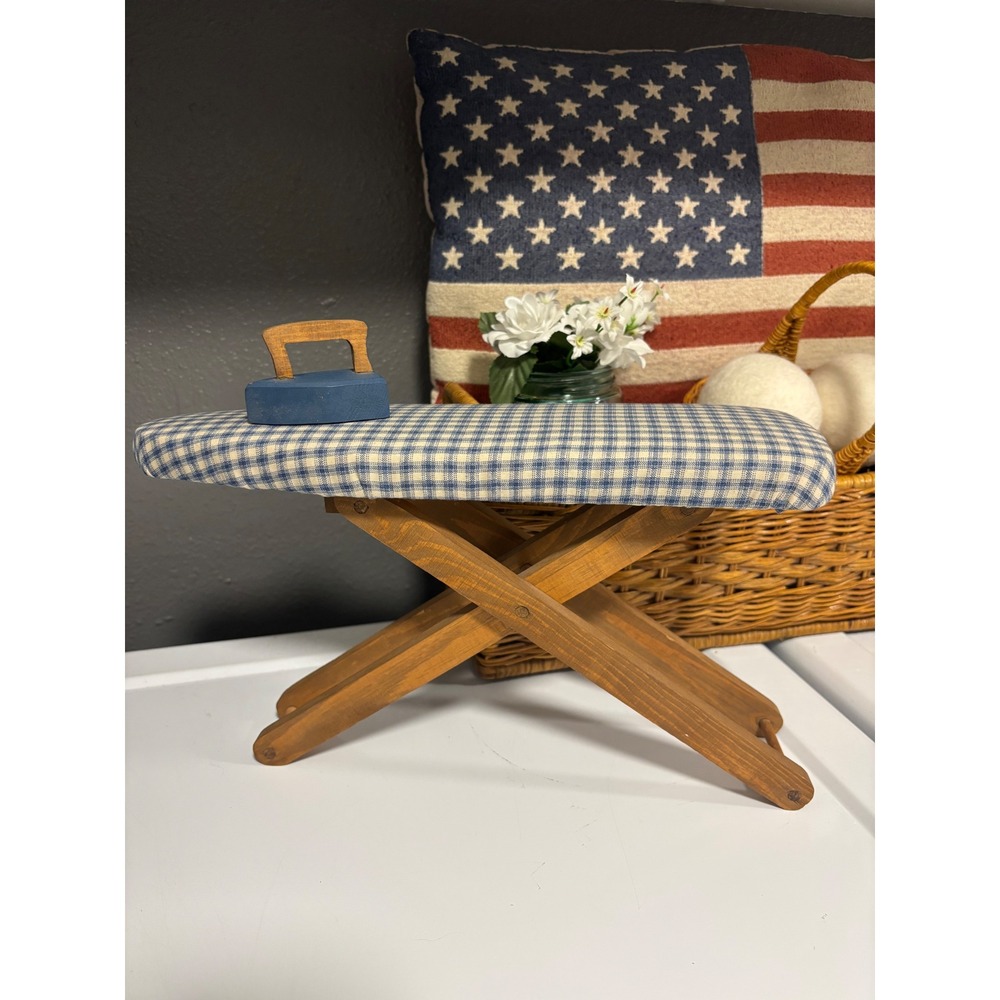 Miniature Wooden Ironing Board and Iron Set Farmhouse Blue Gingham Decor